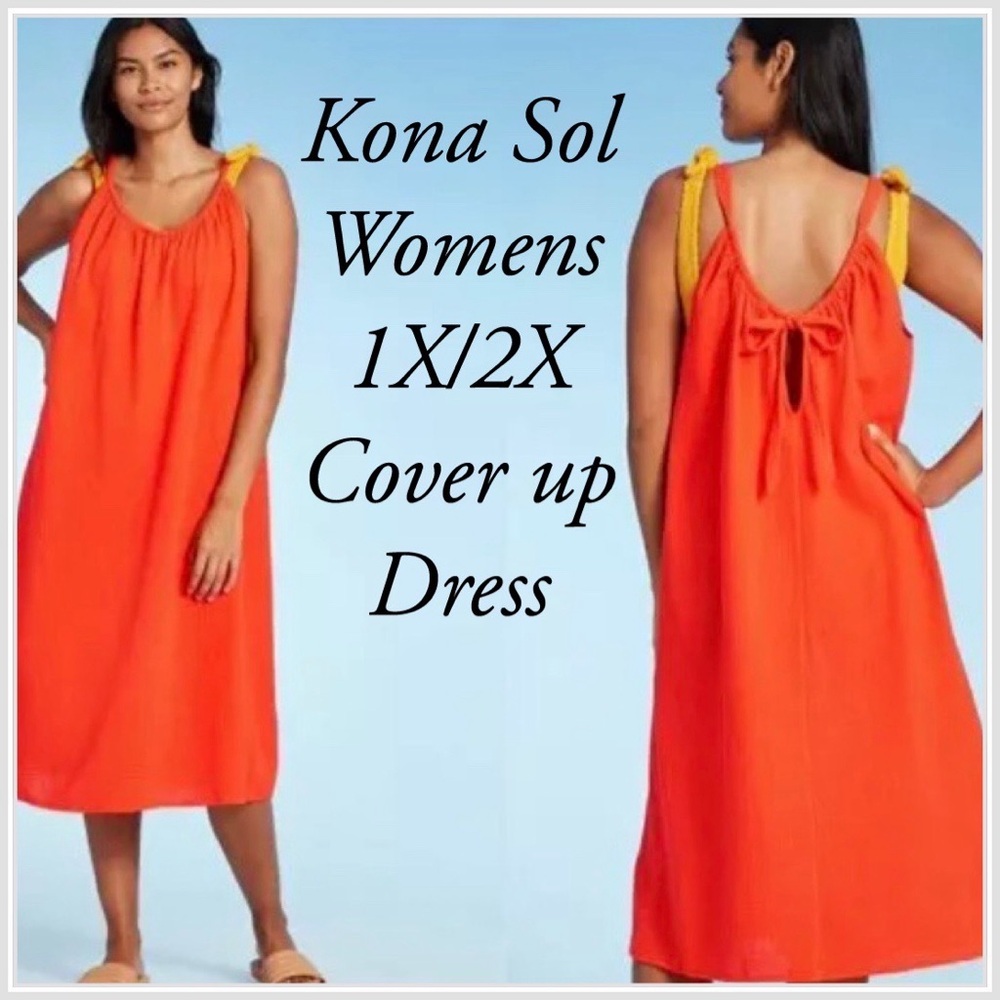 Kona Sol Women's 1X / 2X Orange Beach Dress Coverup Gauze midi tie back CUTE!